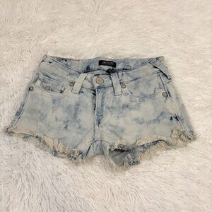 True Religion Joey Tie-Dye Denim Cutoff Shorts low rise frayed hem